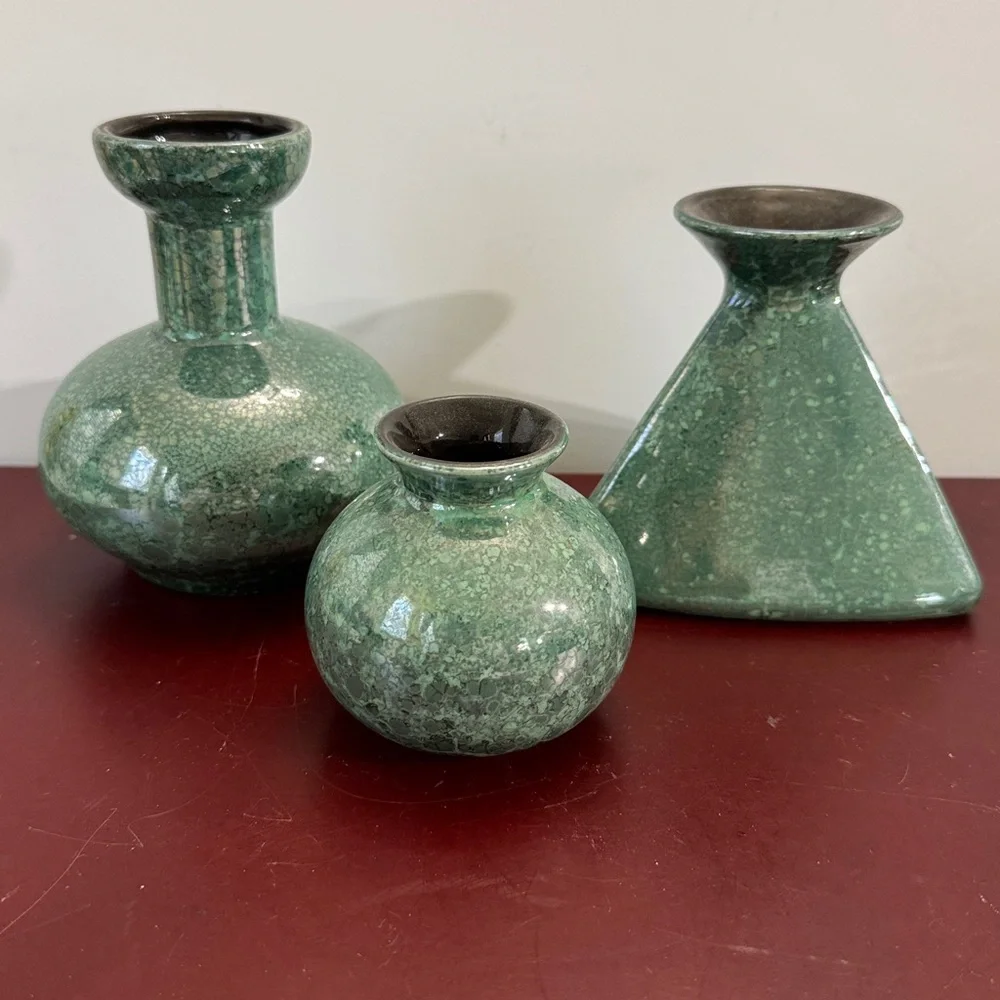 Vintage VEB Haldensleben Vases Qualitats Keramik Germany Carstens Green Set Of 3